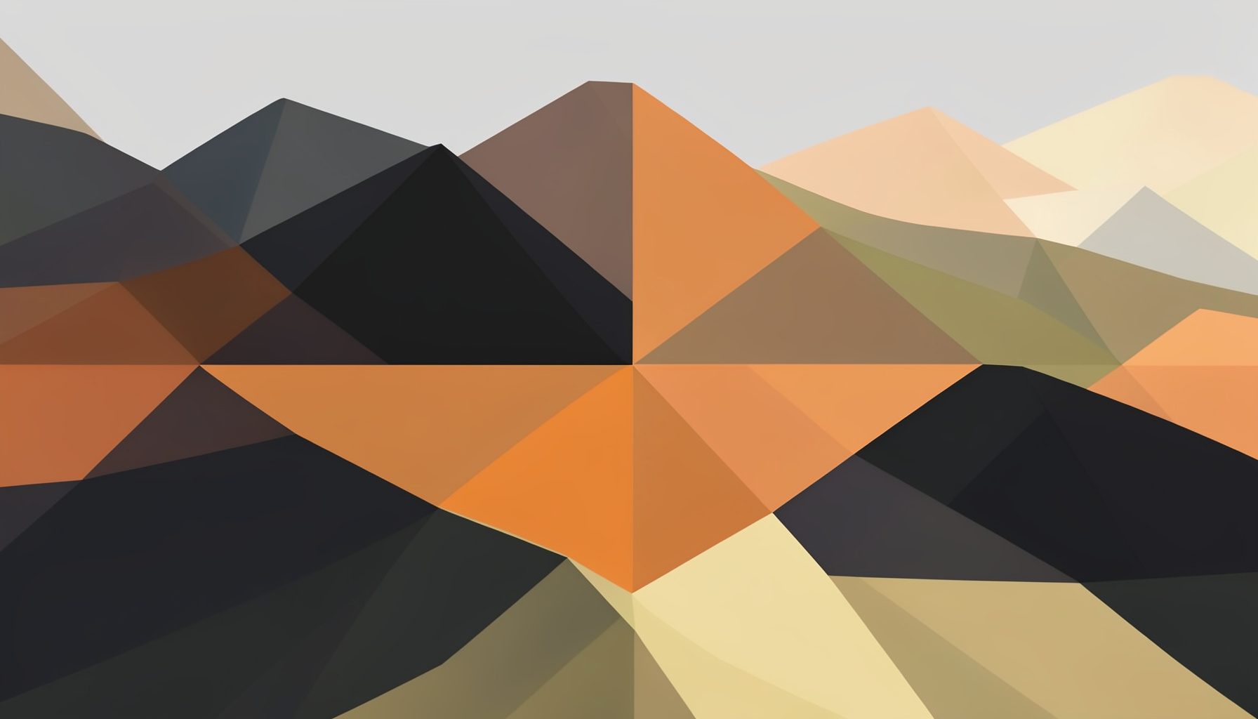 Warm abstract low-poly geometric landscape with layered triangular facets in deep charcoal, muted gold, and soft cream tones, evoking a calm and welcoming atmosphere