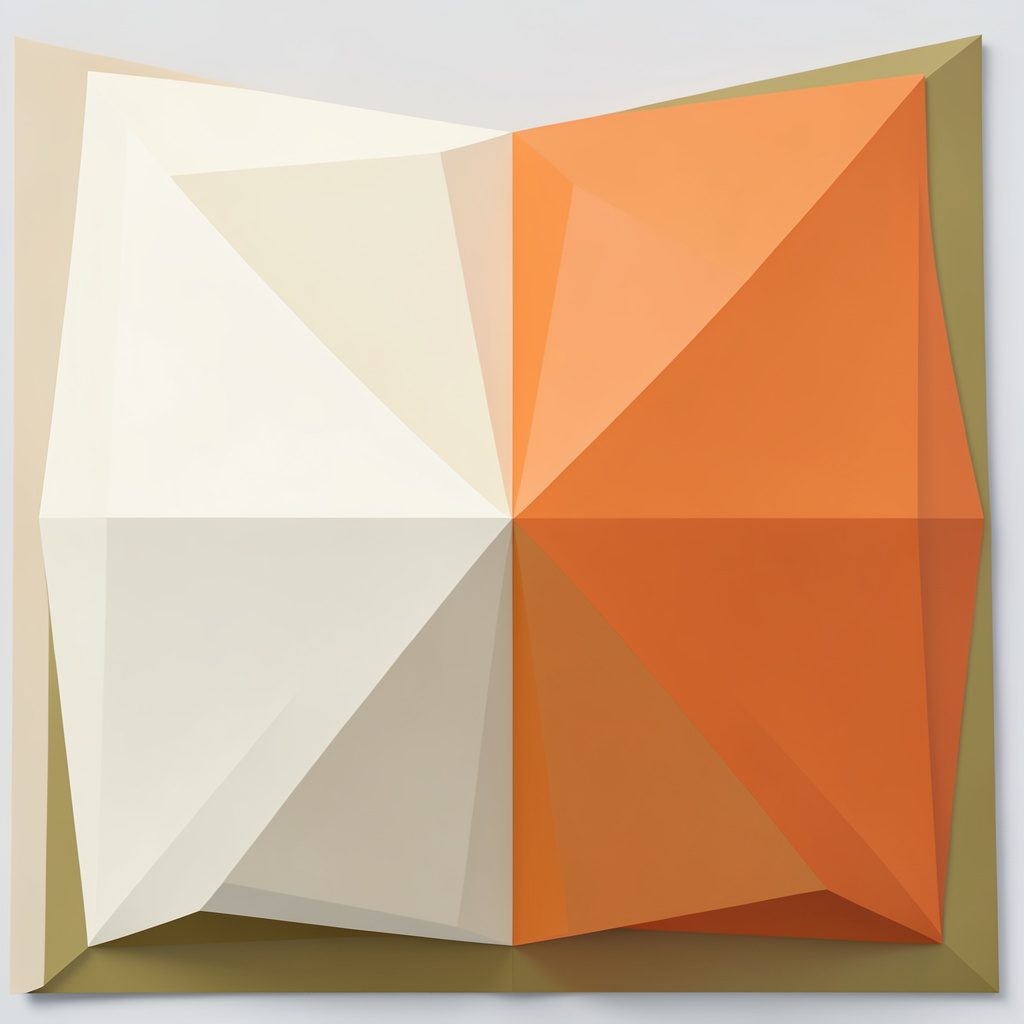Soft low-poly geometric composition of overlapping faceted shapes in cream, warm beige, and muted gold, suggesting an open book or layered pages