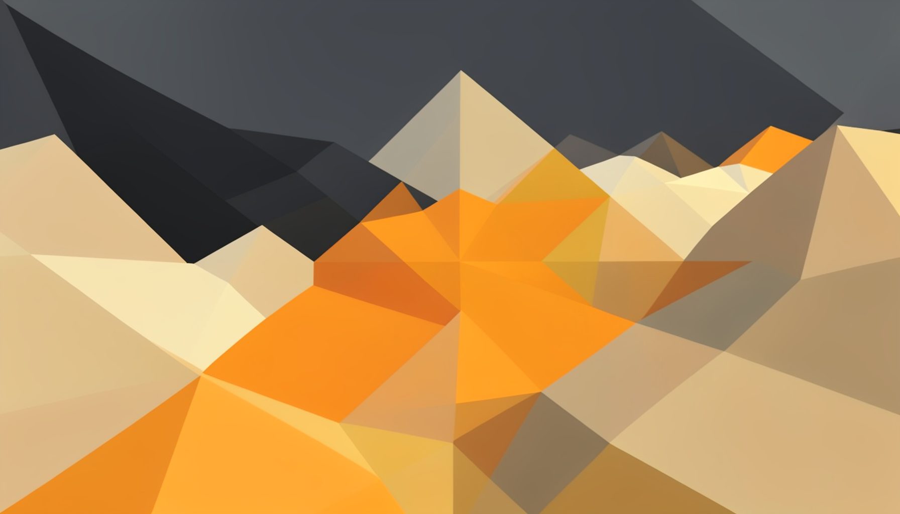Low-poly abstract landscape of layered triangular forms in charcoal, cream, and warm ochre suggesting depth and perspective